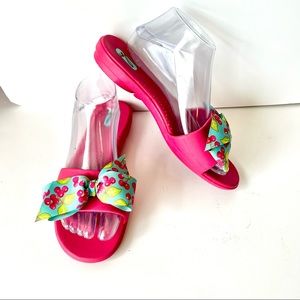 OKA BEE Pink Slide Sandals With Cherry Print Ribbon—SZ. M/L